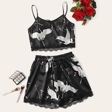 Romwe Crane Print Crochet Trim Satin Cami Pj Set