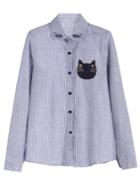 Romwe Blue Vertical Striped Cat Embroidered Buttons Shirt