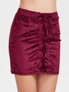 Romwe Burgundy Velvet Lace Up Skirt