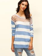 Romwe Blue And White Striped Hollow Out Neck Sweater