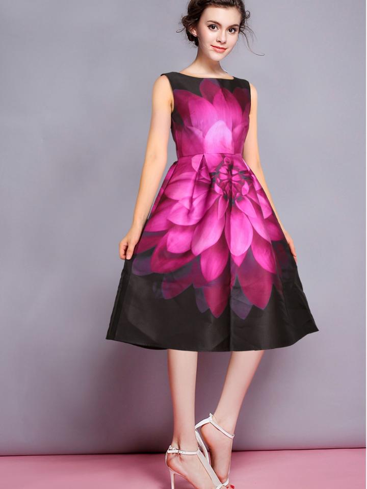 Romwe Sleeveless Florals Flare Dress