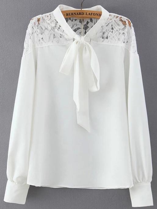 Romwe Tie Neck Lace White Blouse