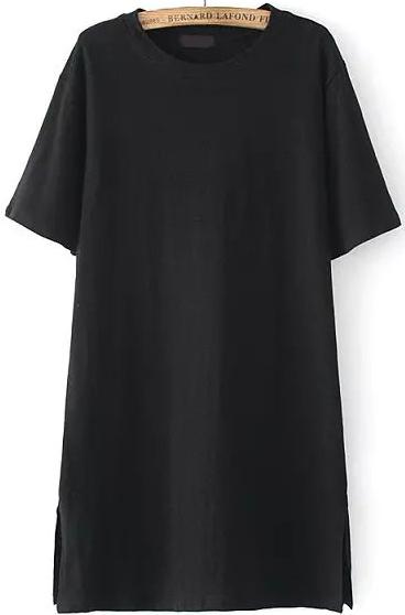 Romwe Side Split Long Black T-shirt