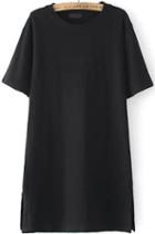 Romwe Side Split Long Black T-shirt
