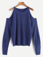 Romwe Dark Blue Open Shoulder Knit Sweater