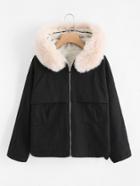 Romwe Faux Fur Trim Sherpa Lined Zip Up Coat