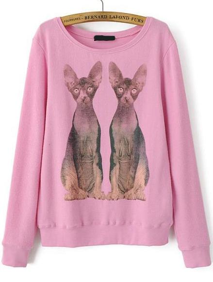 Romwe Cats Print Loose Pink Sweatshirt