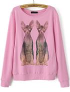 Romwe Cats Print Loose Pink Sweatshirt