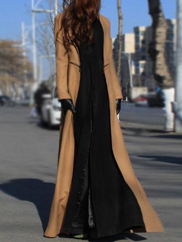 Romwe Stand Collar Slit Maxi Khaki Coat