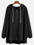 Romwe Black Raglan Sleeve Drawstring Hooded Zipper Sweatshirt