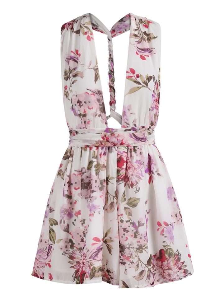 Romwe V Cut Backless Florals Jumpsuit