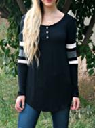 Romwe Long Sleeve Striped Black T-shirt With Buttons