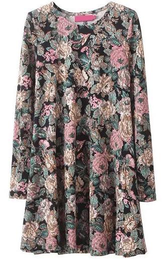 Romwe Black Long Sleeve Floral Slim Pleated Dress