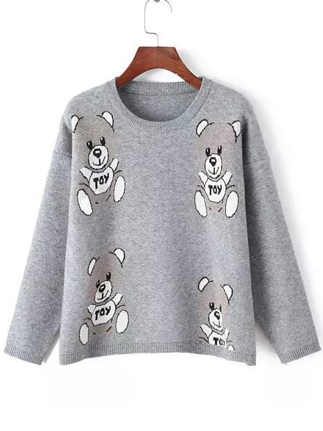 Romwe Women Long Sleeve Bear Print Grey Knitwear