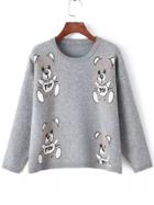 Romwe Women Long Sleeve Bear Print Grey Knitwear