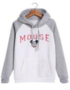 Romwe Mouse Print Hooded Grey Sweatshirt