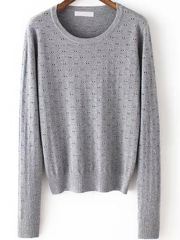 Romwe Long Sleeve Eyelet Grey Sweater