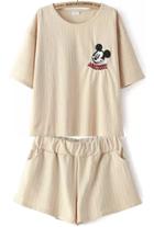 Romwe Mickey Embroidered Vertical Striped Top With Shorts