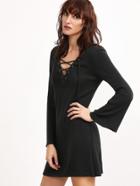 Romwe Deep V Neck Bell Sleeve Lace Up Front Dress