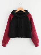 Romwe Raglan Sleeve Crop Sherpa Hoodie