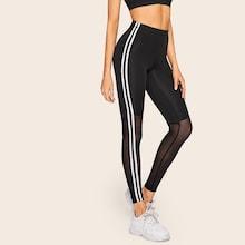 Romwe Side Striped Tape Sheer Mesh Leggings