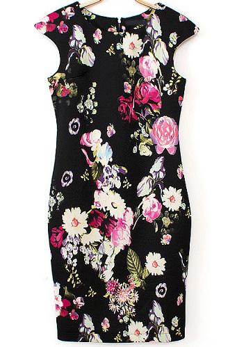 Romwe Black Cap Sleeve Floral Bodycon Dress