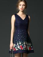 Romwe Navy V Neck Sleeveless Embroidered Jacquard Dress