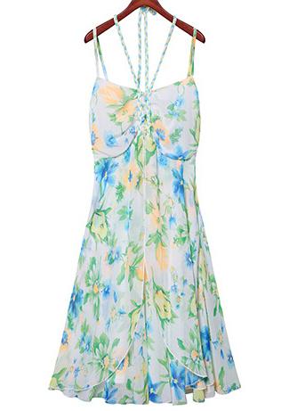 Romwe Halter Florals Chiffon Pleated Dress