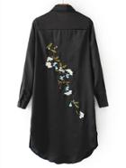 Romwe Black Embroidered Back Slit Side Shirt Dress
