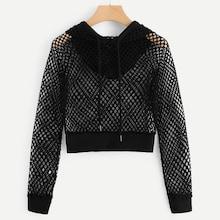 Romwe Fishnet Drawstring Hooded Sweatshirt