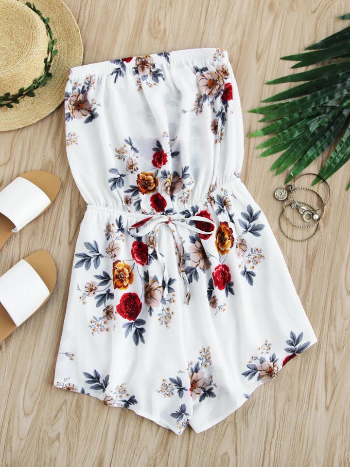 Romwe Floral Print Random Strapless Romper