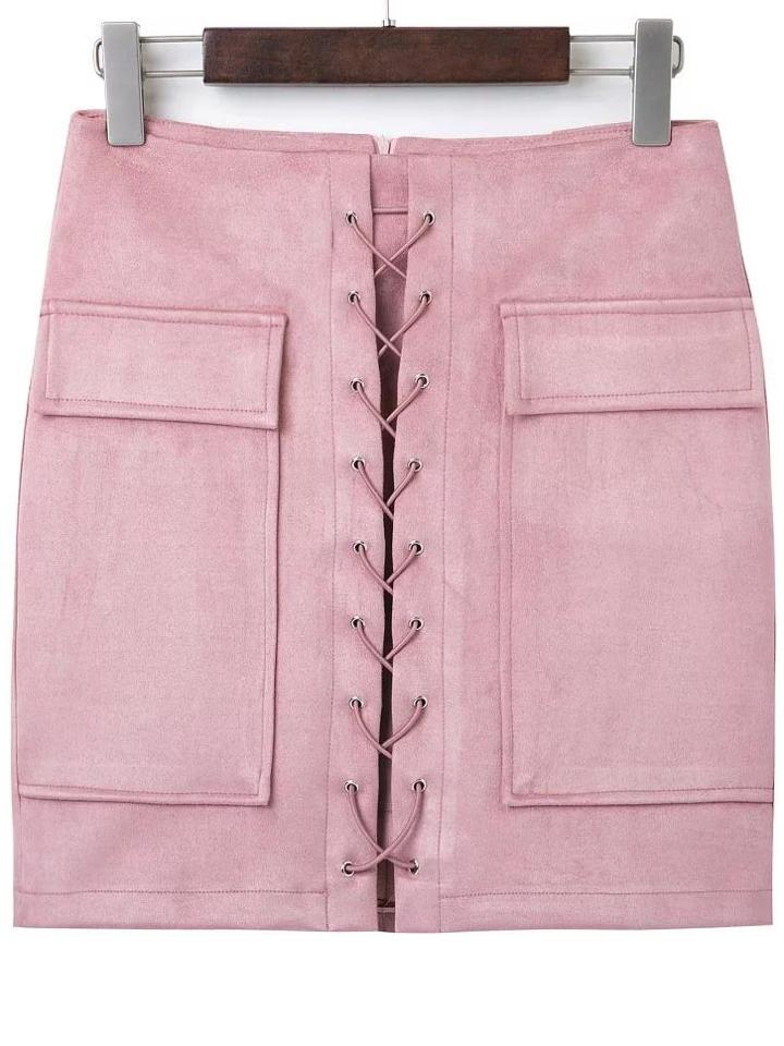 Romwe Pink Lace Up Suede Skirt With Pocket