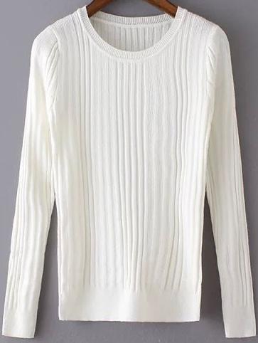 Romwe Round Neck Slim White Sweater