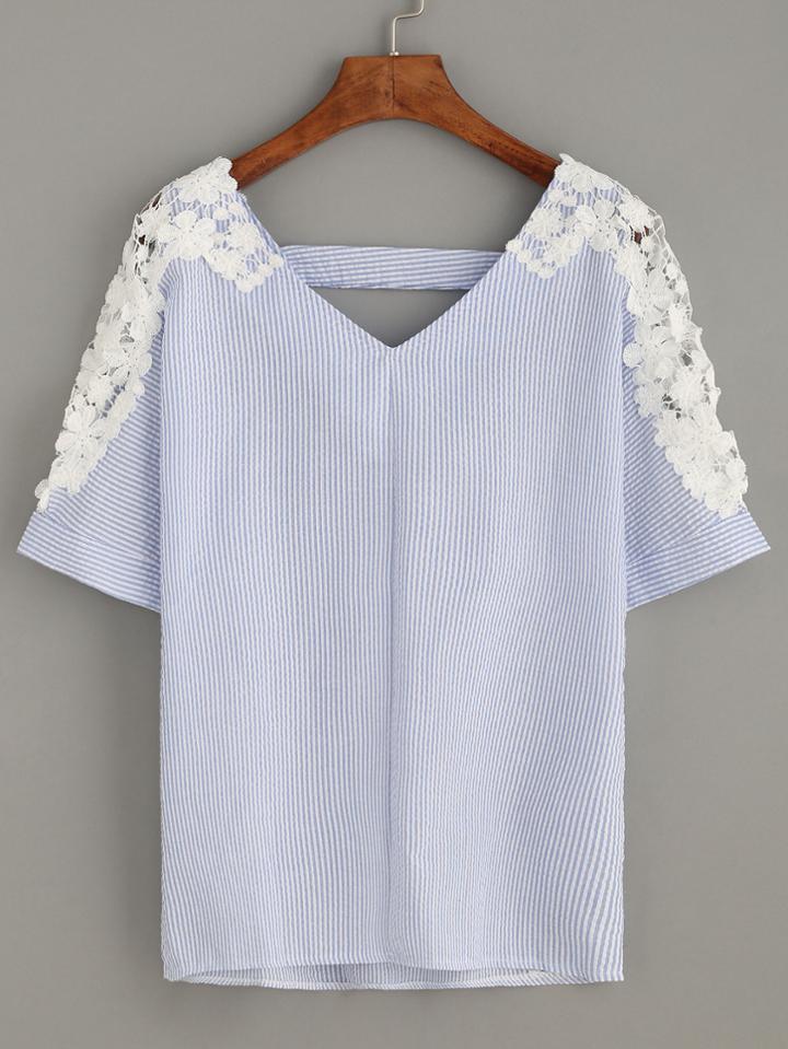 Romwe Blue Striped V Neck Contrast Lace Applique Top