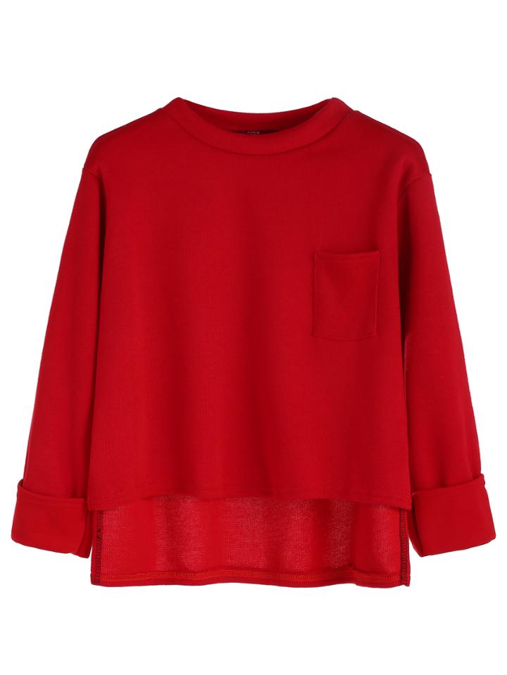 Romwe Red Dip Hem Pocket Cuffed T-shirt