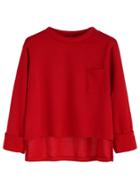 Romwe Red Dip Hem Pocket Cuffed T-shirt