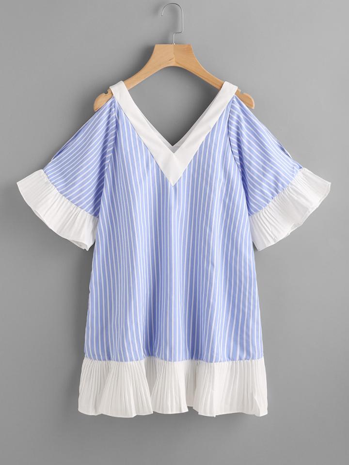 Romwe Open Shoulder Vertical Striped Frill Hem Dress