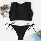 Romwe V Neck Plain Bikini Set