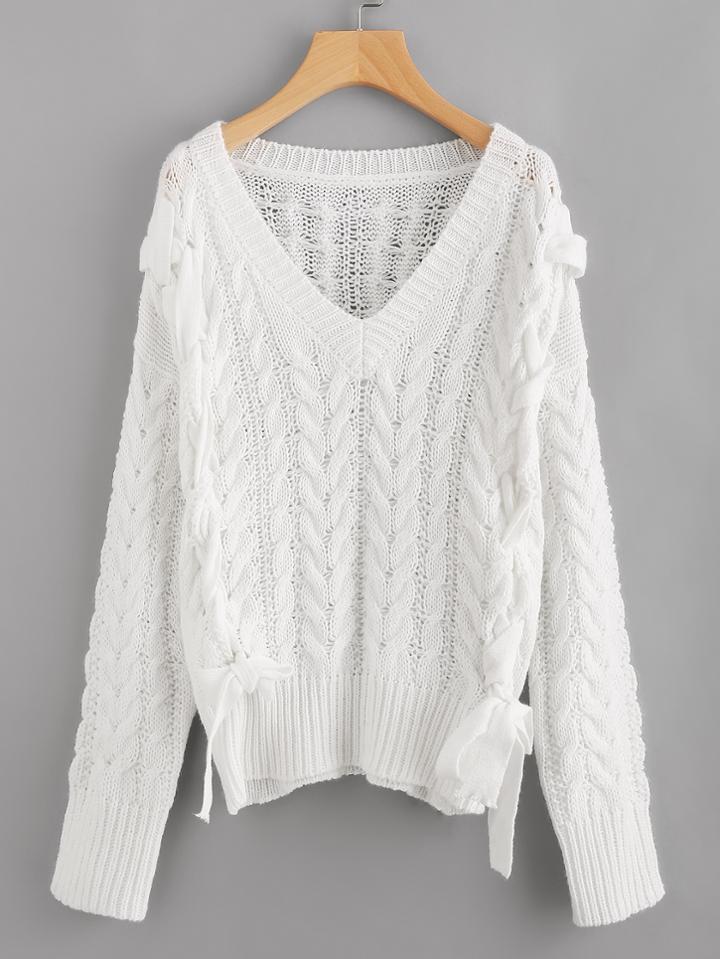Romwe Lace Up Cable Knit Jumper