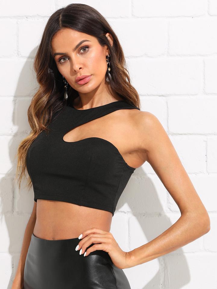 Romwe Solid Asymmetrical Crop Shell Top