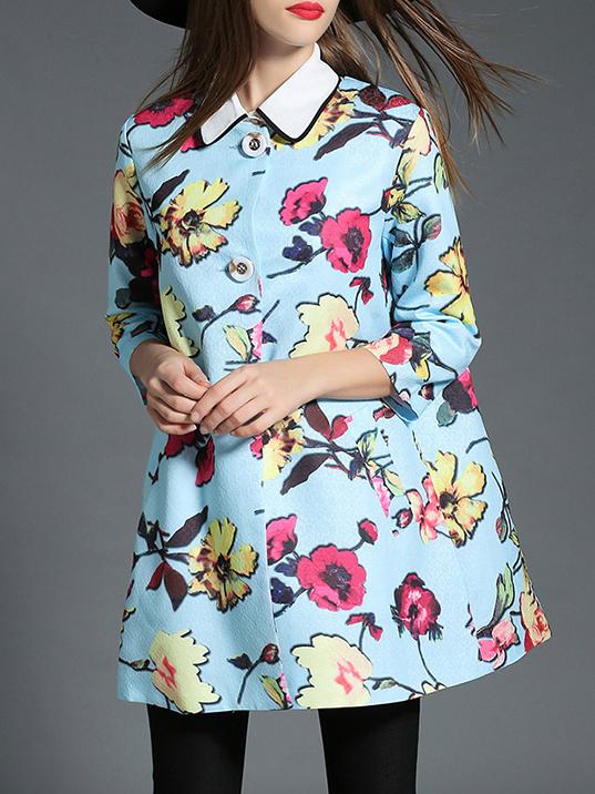 Romwe Blue Lapel Flowers Print Pockets Coat