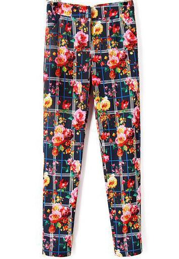 Romwe Blue Plaid Floral Pant