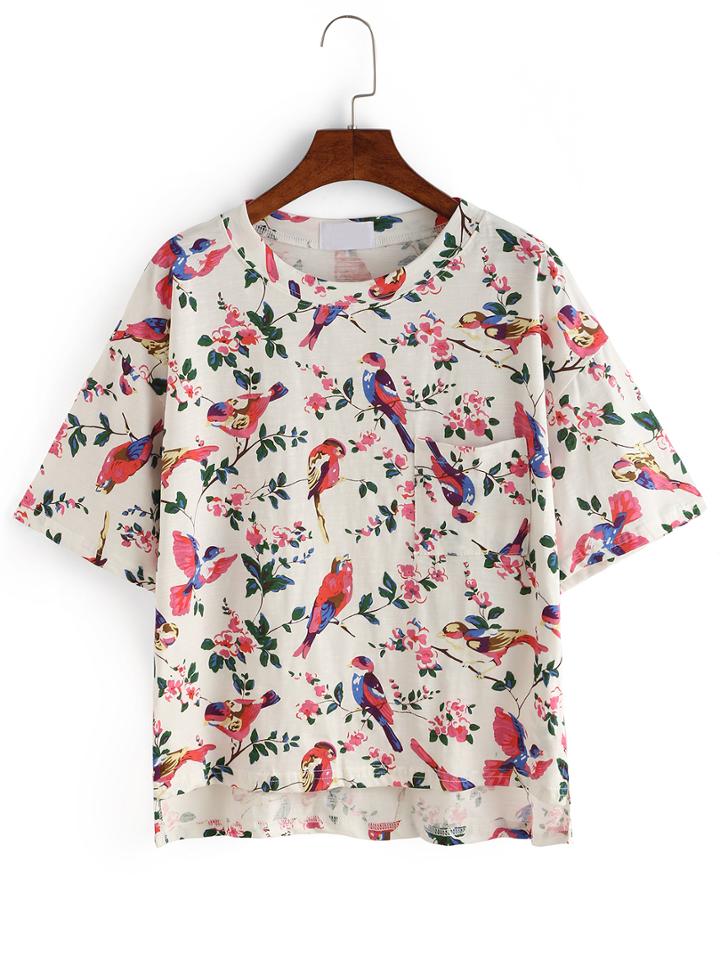 Romwe Allover Flower Bird Print Pocket T-shirt - White
