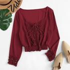 Romwe Lace Trim Tassel Tie Blouse