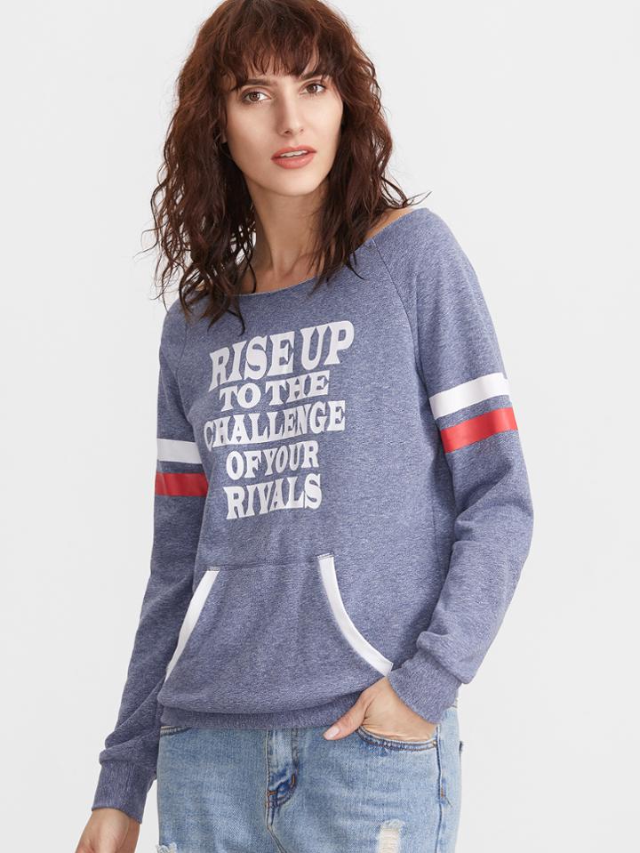 Romwe Navy Heathered Letter Print Striped Sleeve Sweatshirt