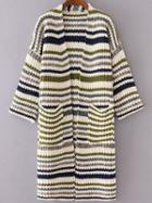 Romwe Green Mixed Stripe Collarless Drop Shoulder Long Sweater Coat
