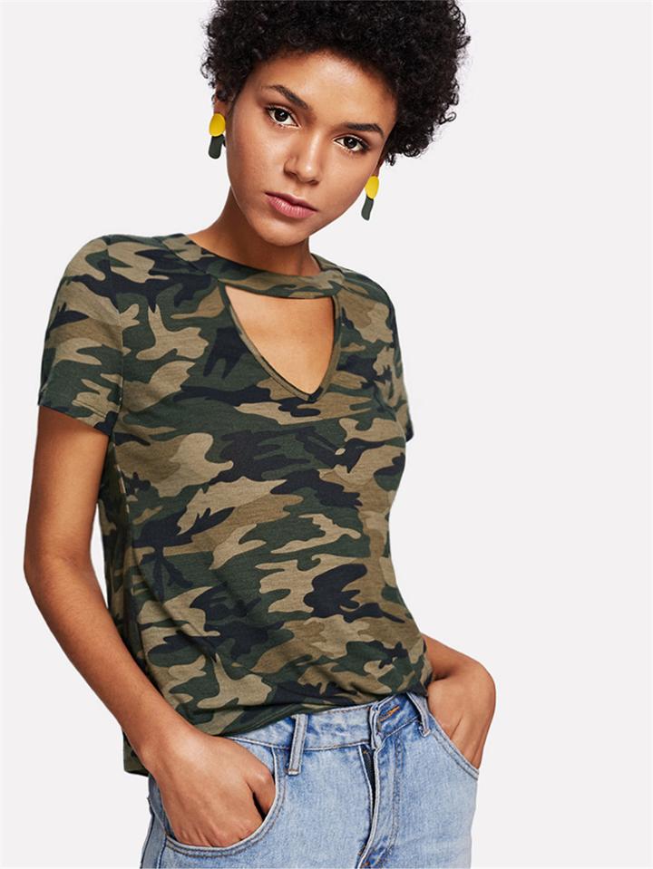 Romwe Camo Print Choker Neck Tee
