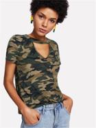 Romwe Camo Print Choker Neck Tee