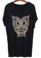 Romwe Owl Print Loose Black T-shirt