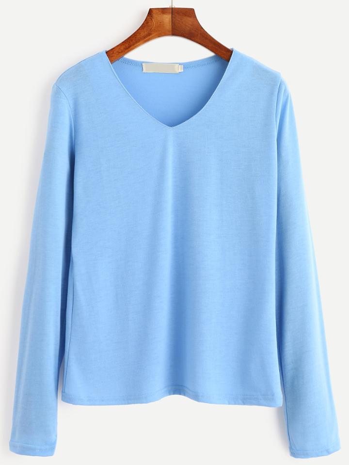 Romwe Sky Blue V Neck Long Sleeve Basic T-shirt